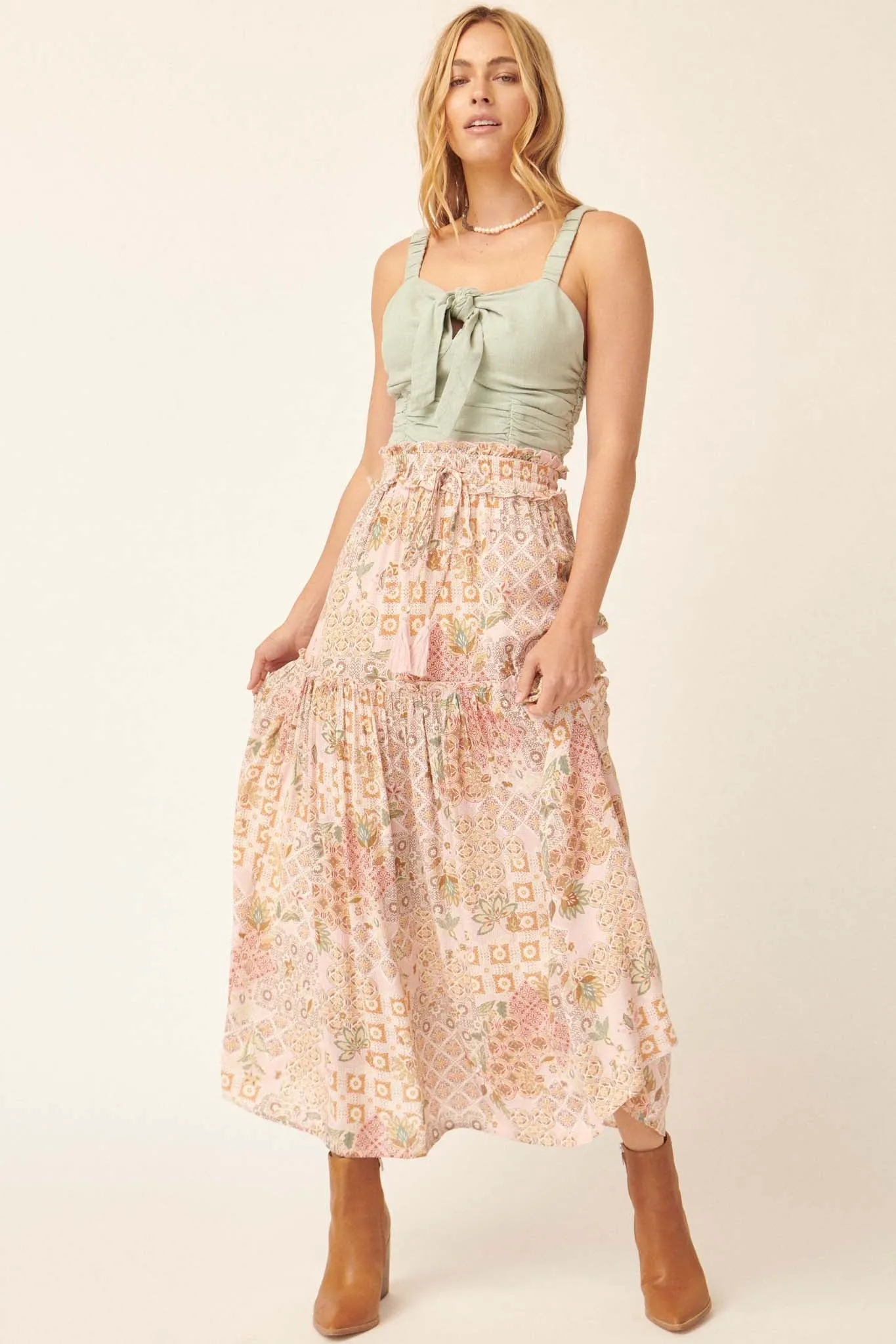 Floral Fantasy Multi-Print Ruffled Maxi Skirt