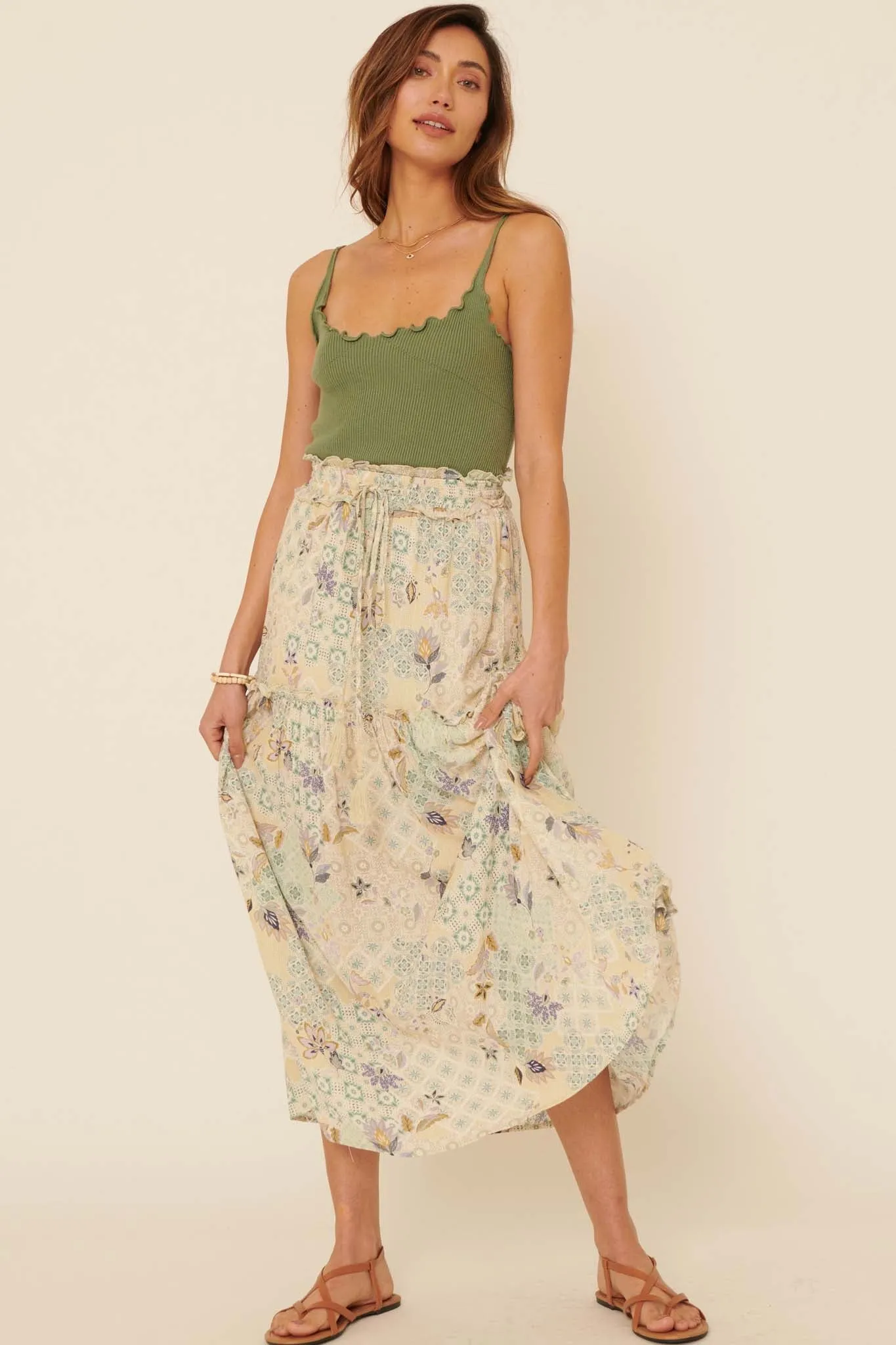 Floral Fantasy Multi-Print Ruffled Maxi Skirt