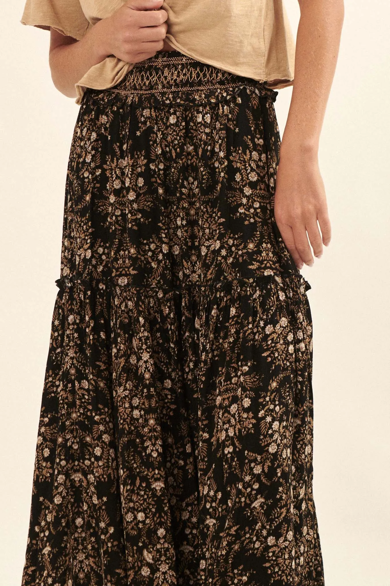Foreign Fields Smocked Floral Maxi Prairie Skirt