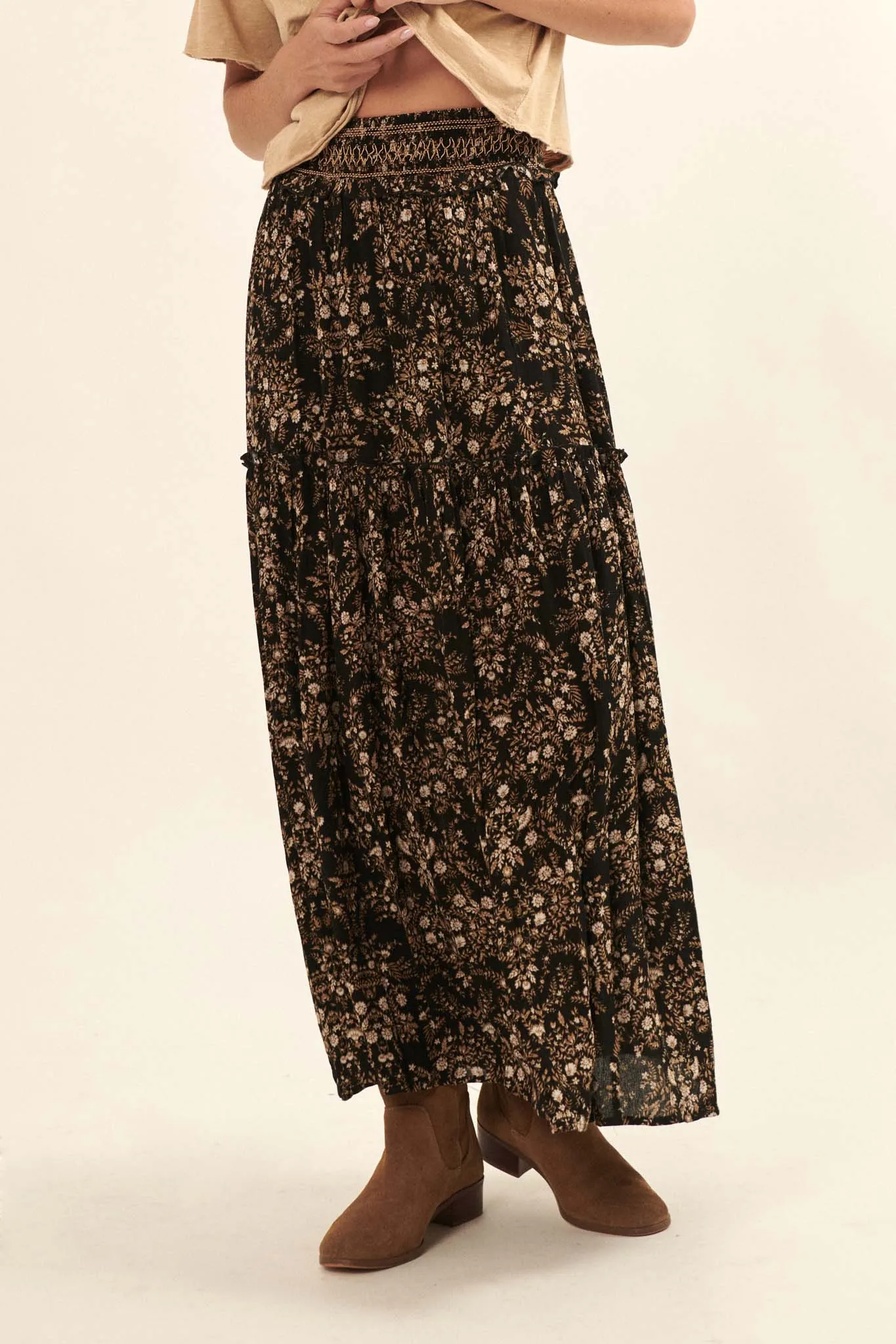 Foreign Fields Smocked Floral Maxi Prairie Skirt