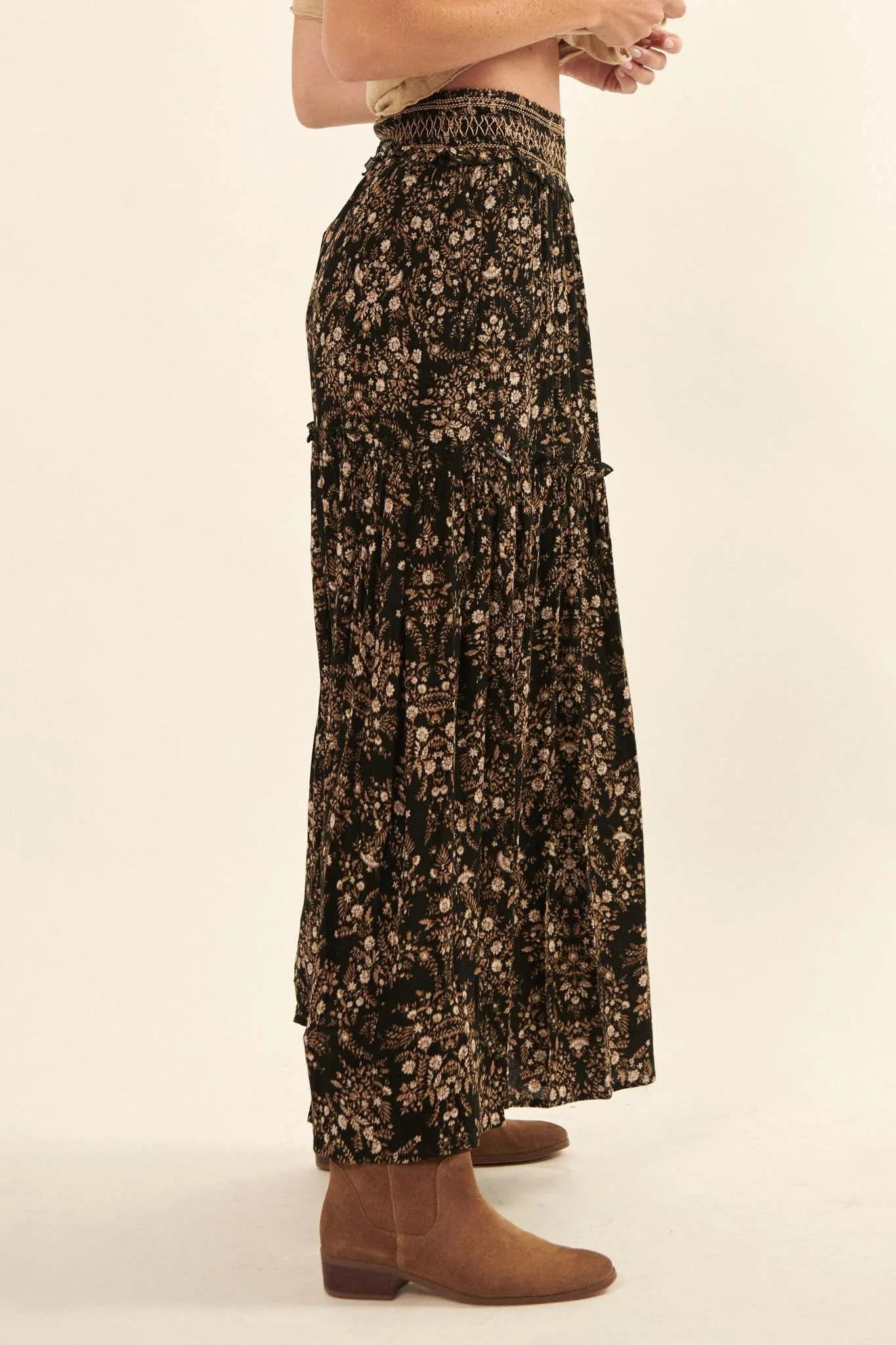 Foreign Fields Smocked Floral Maxi Prairie Skirt