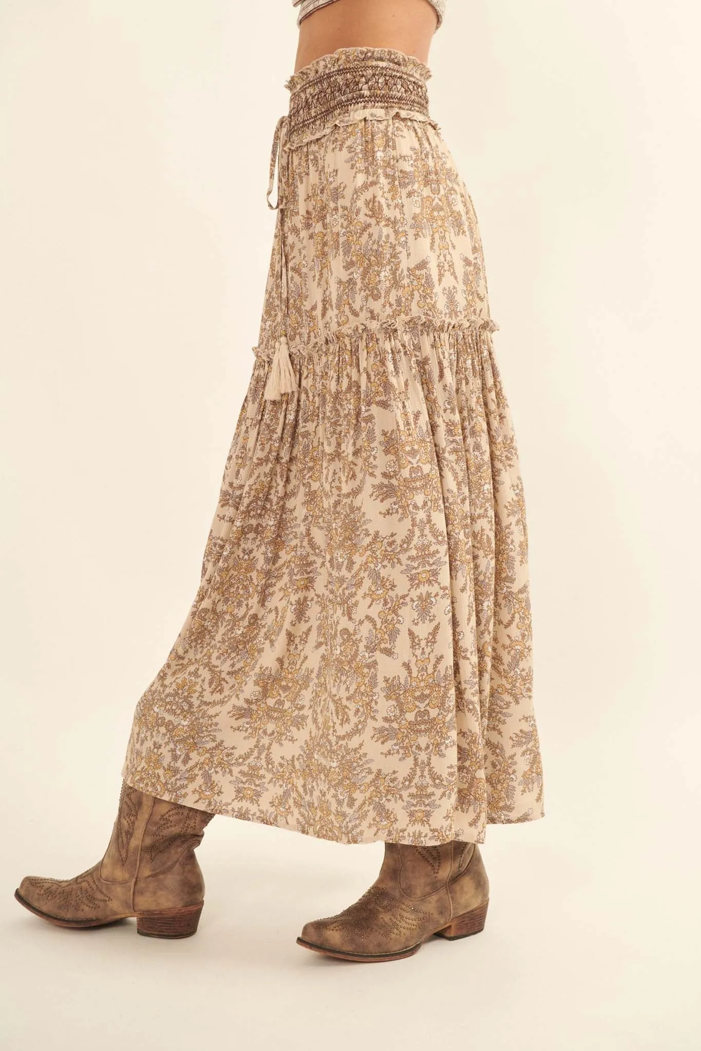 Foreign Fields Smocked Floral Maxi Prairie Skirt