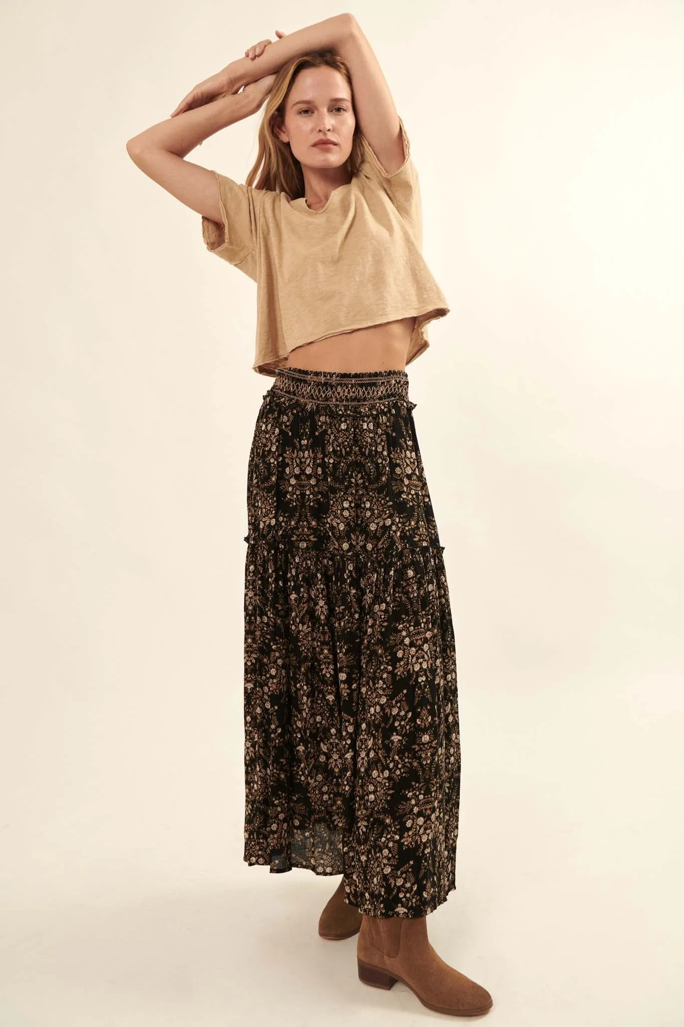 Foreign Fields Smocked Floral Maxi Prairie Skirt