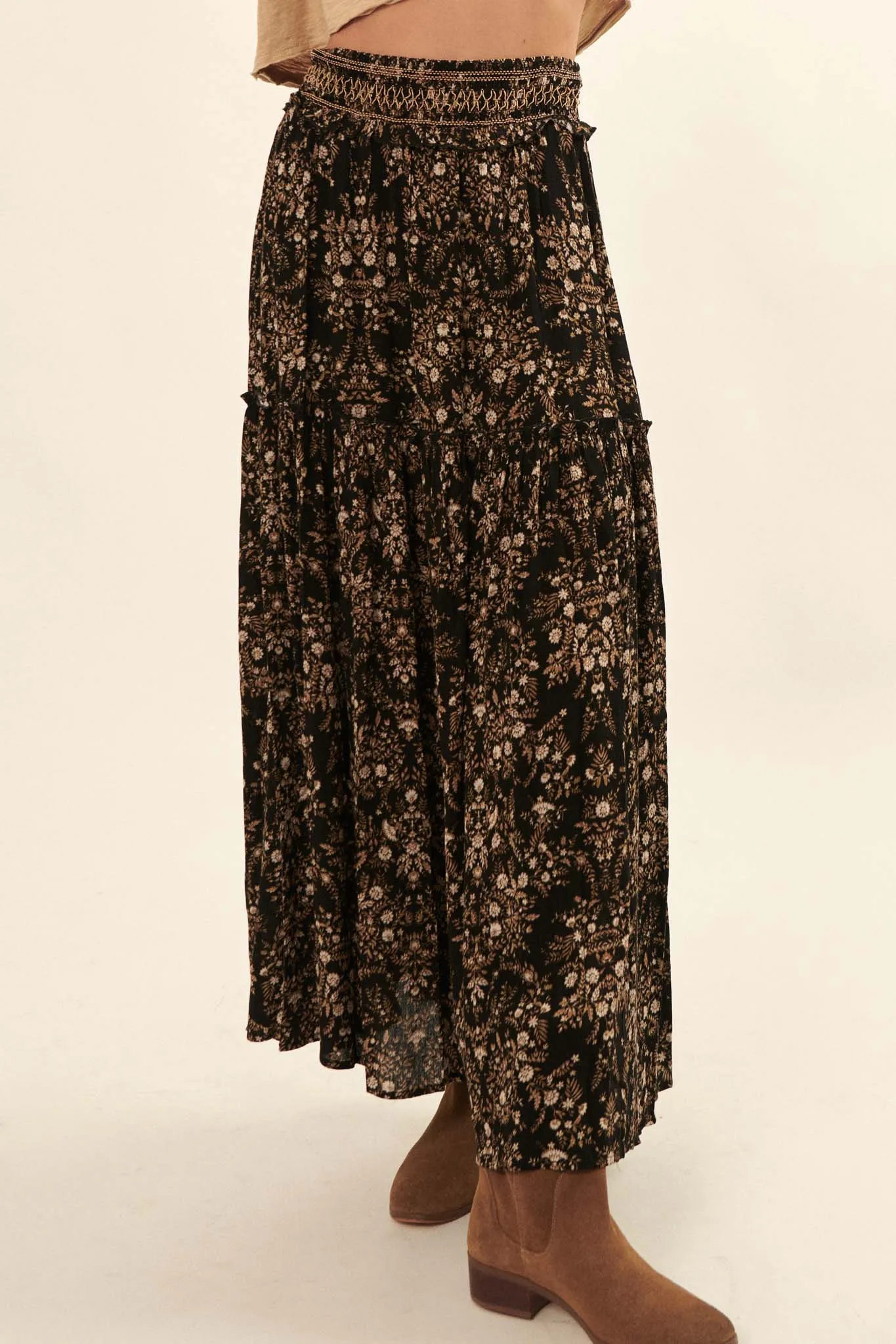 Foreign Fields Smocked Floral Maxi Prairie Skirt