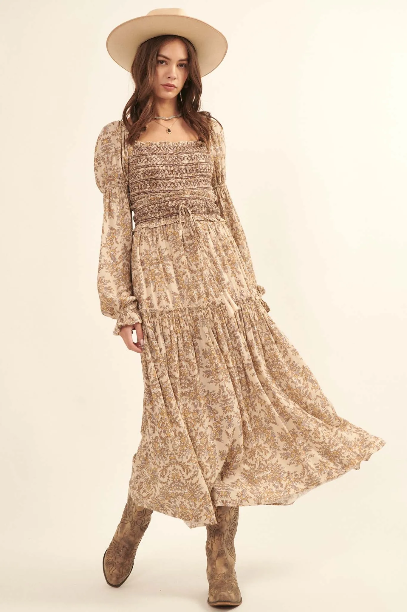 Foreign Fields Smocked Floral Maxi Prairie Skirt
