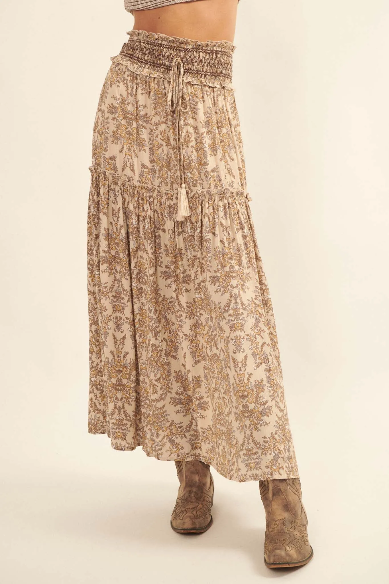 Foreign Fields Smocked Floral Maxi Prairie Skirt
