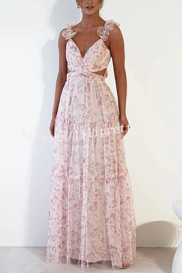 Garden Fairy Tulle Floral Ruffle Detail Cutout Waist Back Tie-up Maxi Dress