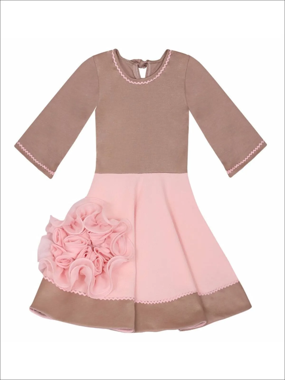 Girls Beige And Peach Circular Skirt 3/4 Sleeve Dress