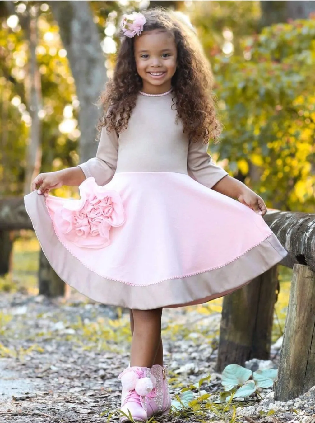 Girls Beige And Peach Circular Skirt 3/4 Sleeve Dress