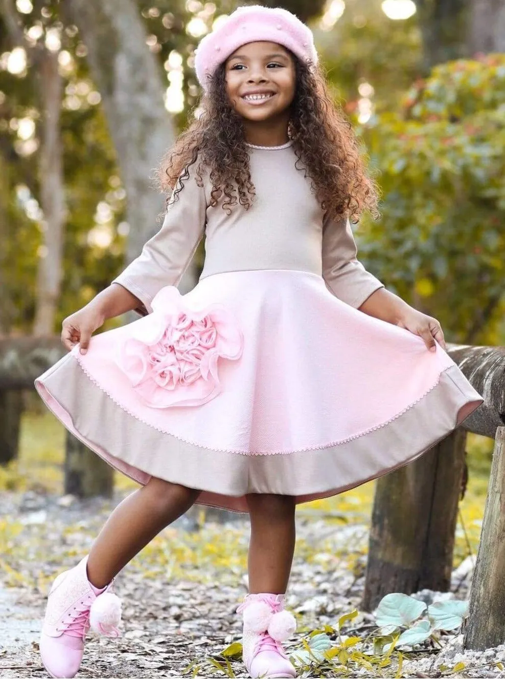 Girls Beige And Peach Circular Skirt 3/4 Sleeve Dress