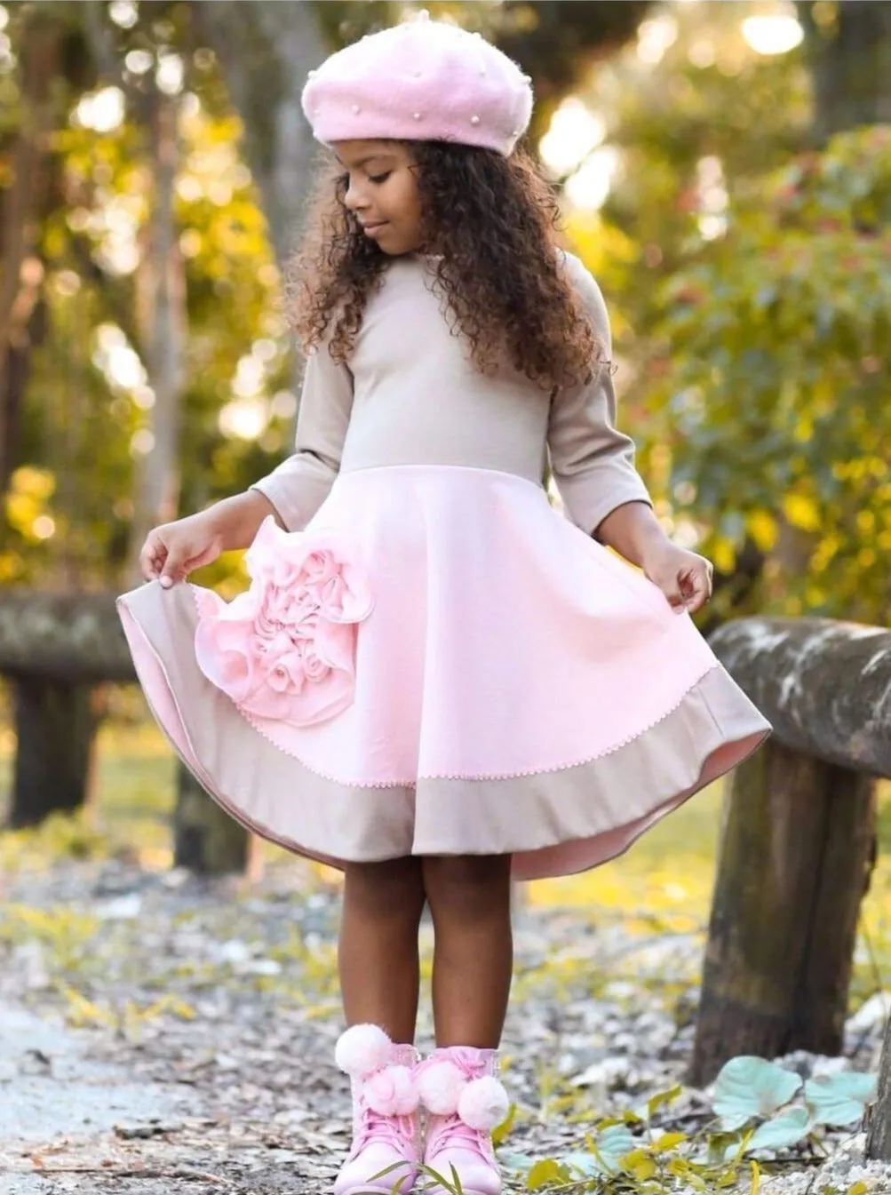 Girls Beige And Peach Circular Skirt 3/4 Sleeve Dress