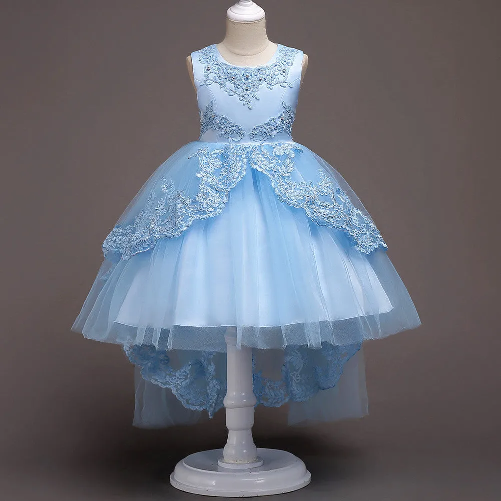 Girls Swallowtail Embroidered Light Blue Dress, Size 3-14yrs