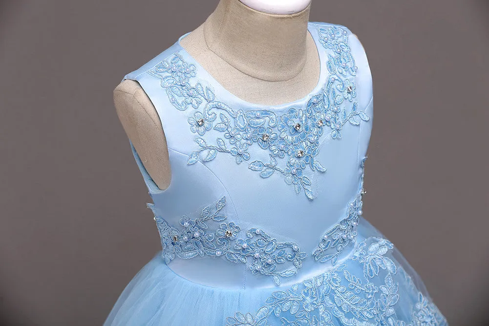 Girls Swallowtail Embroidered Light Blue Dress, Size 3-14yrs