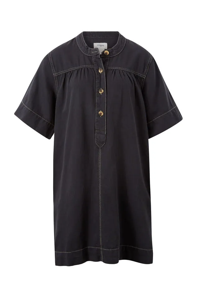 Half Placket Tunic Dress - Washed Black