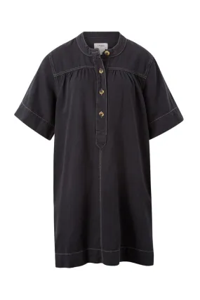 Half Placket Tunic Dress - Washed Black