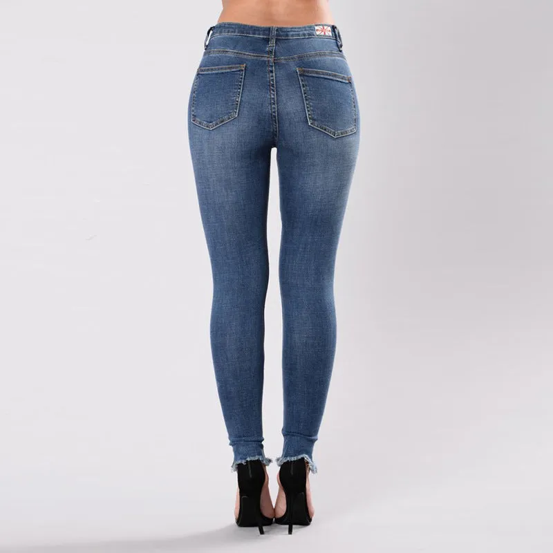 hole embroidered high-elastic denim women's trousers