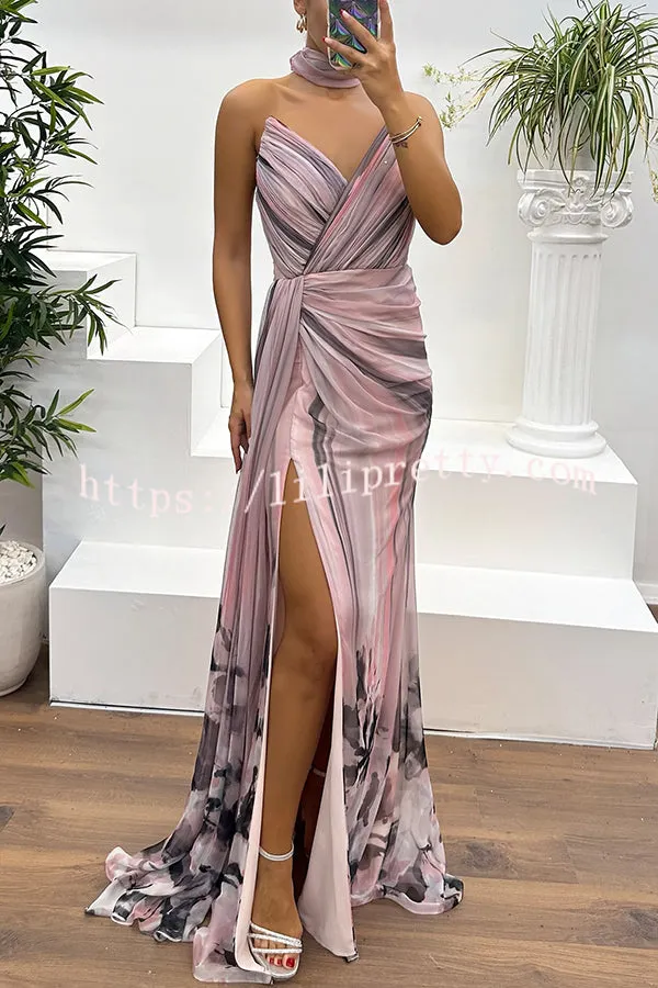 In A Dreamland Chiffon Floral Print Off Shoulder Pleated Scarf Slit Maxi Dress
