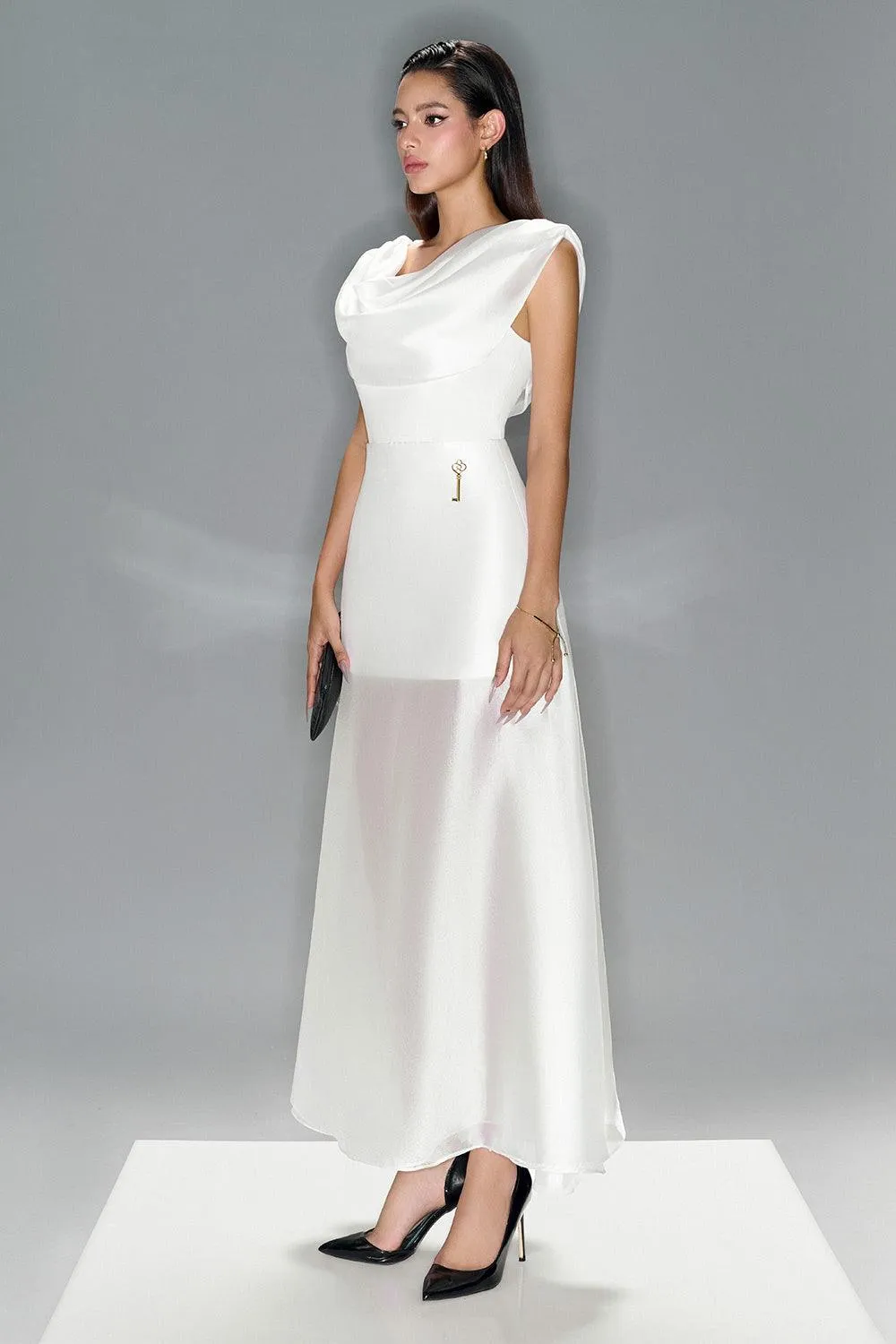 Ivory A-line High Waist Organza Maxi Skirt