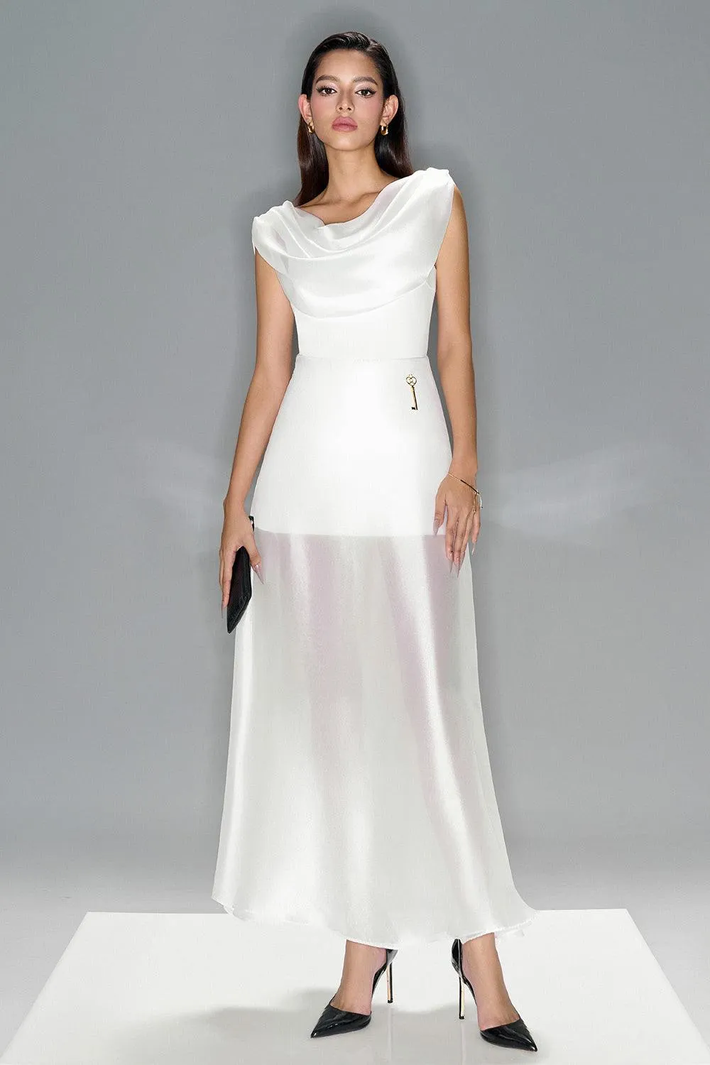 Ivory A-line High Waist Organza Maxi Skirt