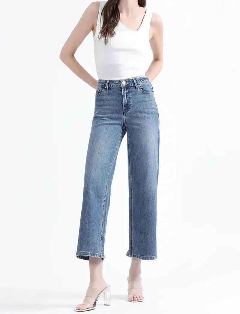 Jeans Mujer Cropped Straight Fit Tiro Medio Azul