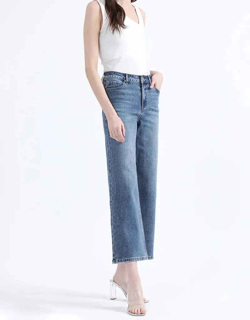 Jeans Mujer Cropped Straight Fit Tiro Medio Azul