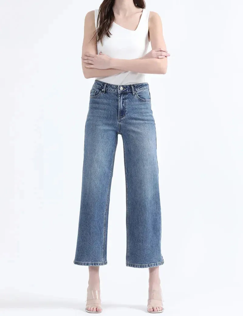 Jeans Mujer Cropped Straight Fit Tiro Medio Azul