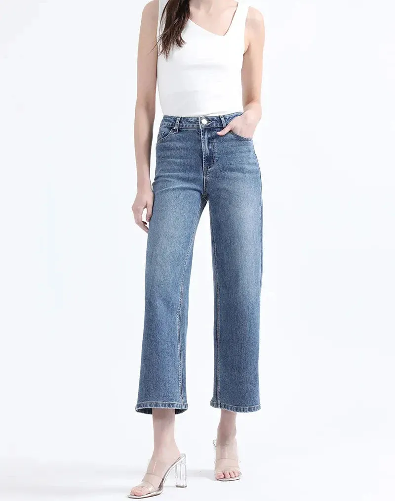 Jeans Mujer Cropped Straight Fit Tiro Medio Azul