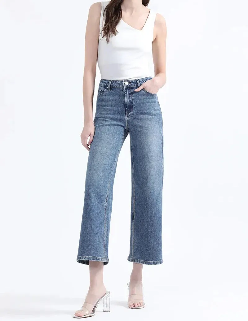 Jeans Mujer Cropped Straight Fit Tiro Medio Azul