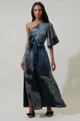 Kirby Geometric Meara One Shoulder Satin Maxi Dress