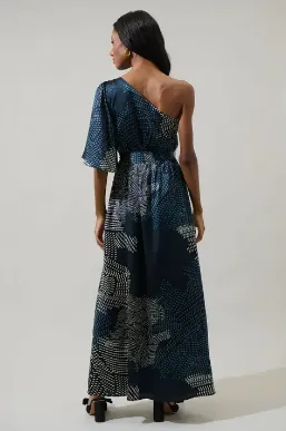 Kirby Geometric Meara One Shoulder Satin Maxi Dress