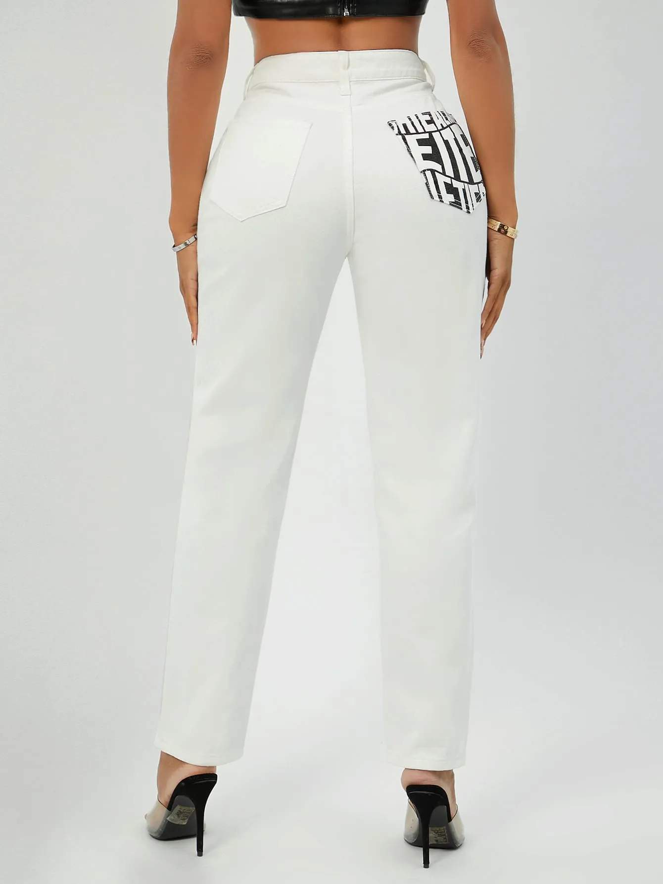 Letter Zipper High Waist Long Women Jeans