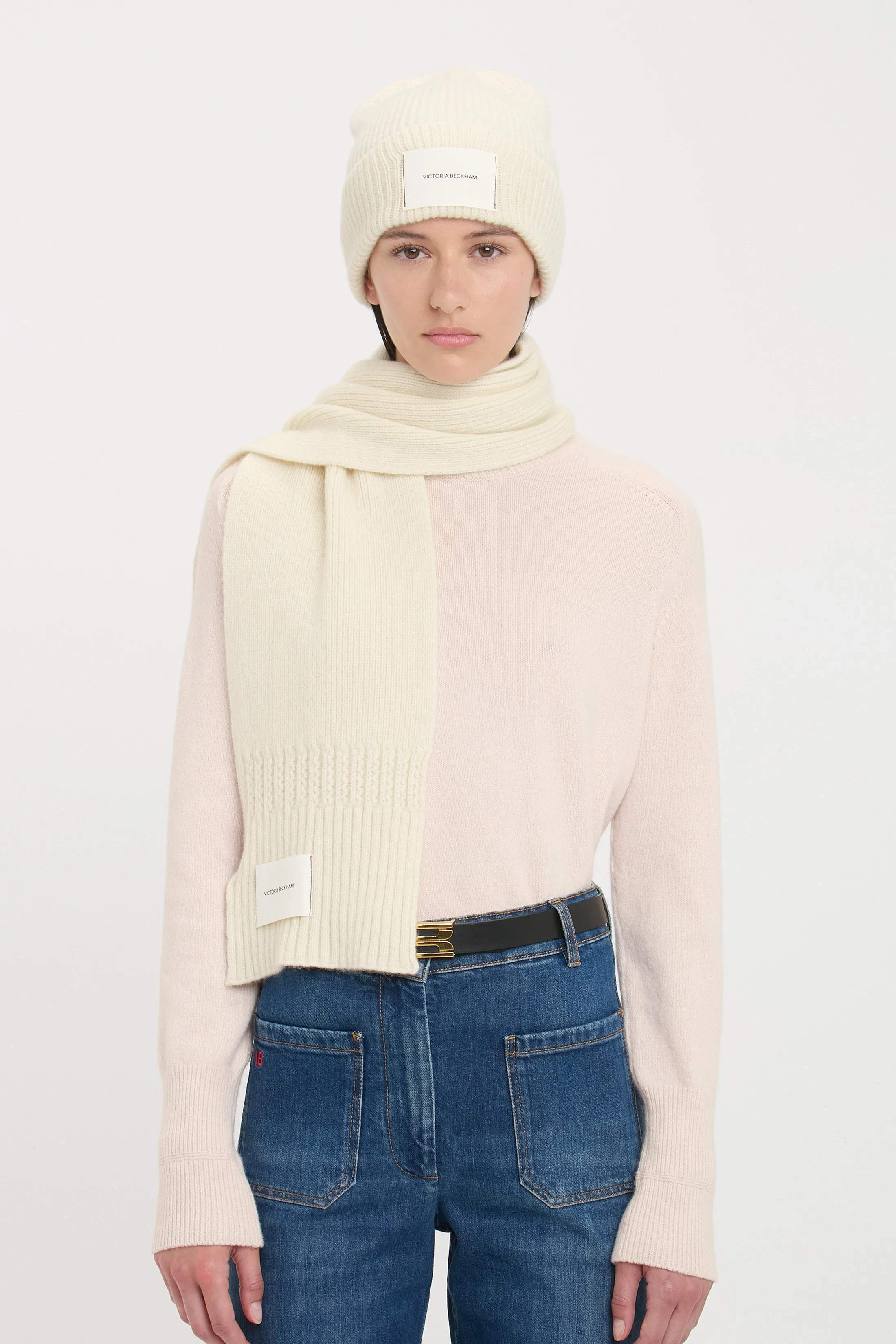 Logo Patch Beanie In Ivory-Camel