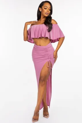Mauve Pink Off The Shoulder Ruffled Cropped Top And Ruched Maxi Skirt oufit Set_