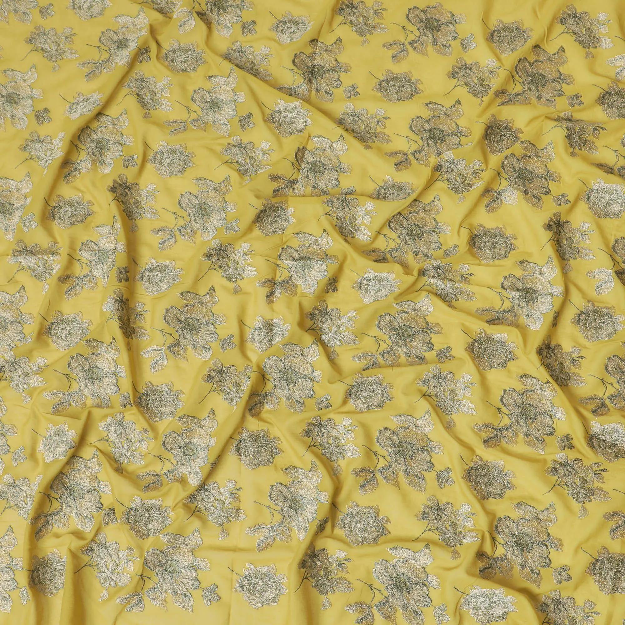 Mehindi green cotton voile fabric with same tone and olive green embroidery in floral design-D14472