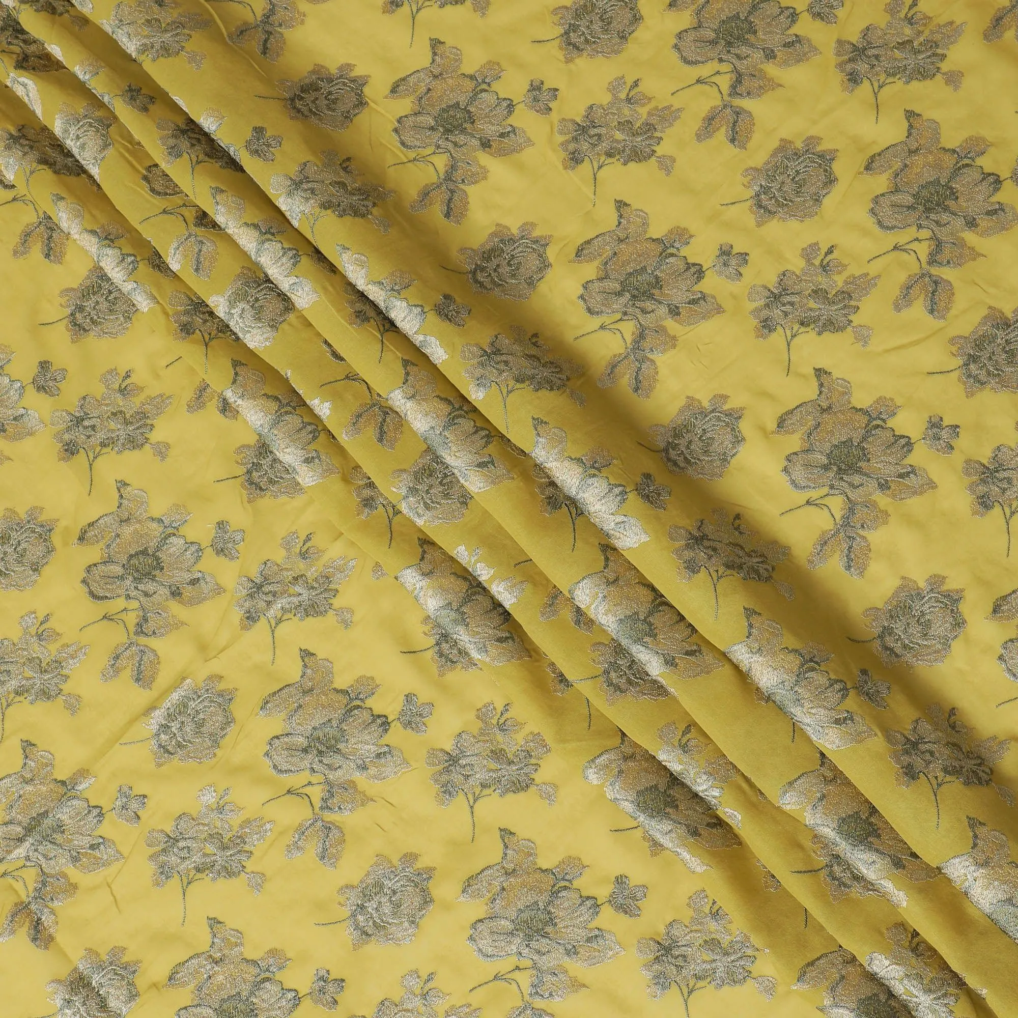Mehindi green cotton voile fabric with same tone and olive green embroidery in floral design-D14472