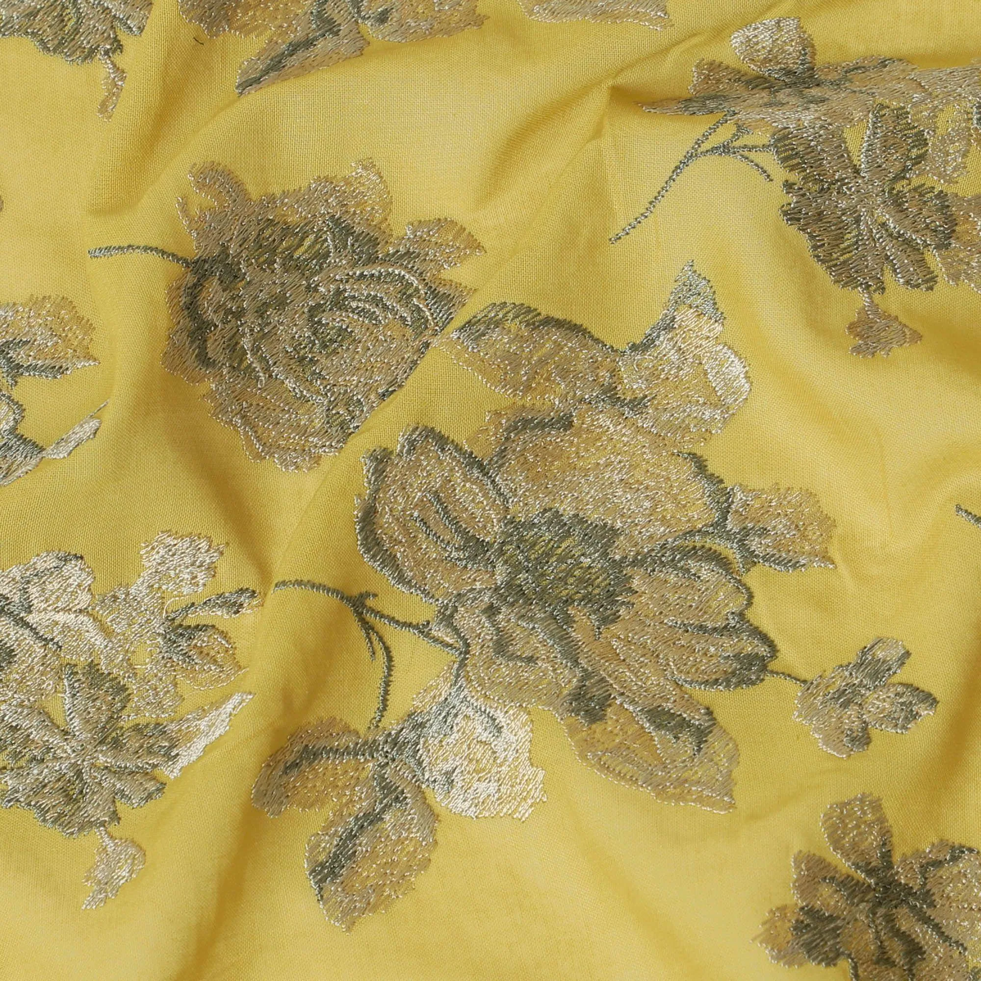 Mehindi green cotton voile fabric with same tone and olive green embroidery in floral design-D14472