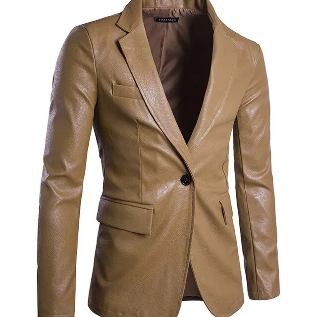 Men's Blazer Jacket Men Soft PU Leather High Quality single button Jackets top Coat men's suit Brand clothes