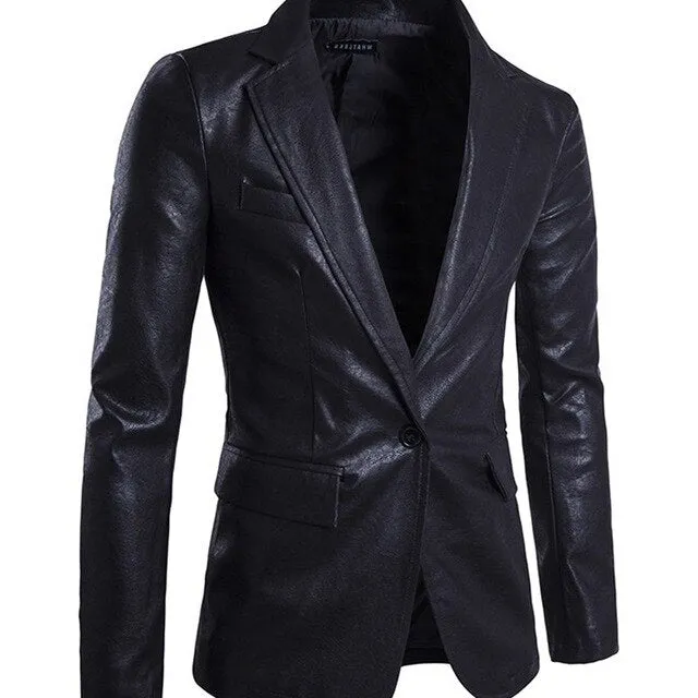 Men's Blazer Jacket Men Soft PU Leather High Quality single button Jackets top Coat men's suit Brand clothes