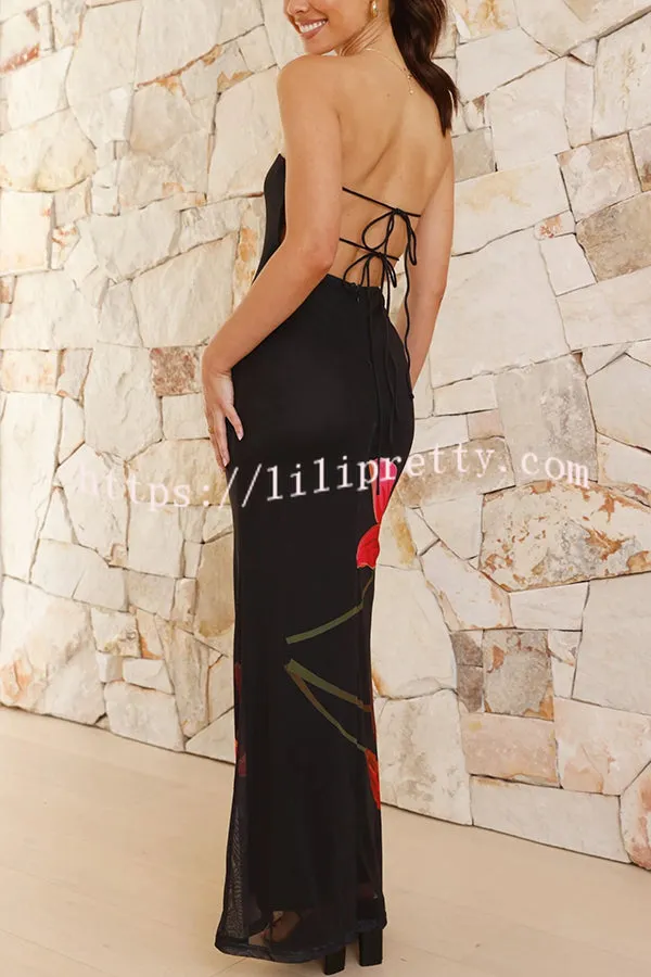 Ofra Mesh Floral Print Open Back with Ties Strapless Stretch Maxi Dress