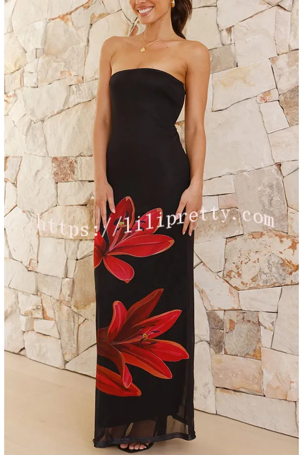 Ofra Mesh Floral Print Open Back with Ties Strapless Stretch Maxi Dress