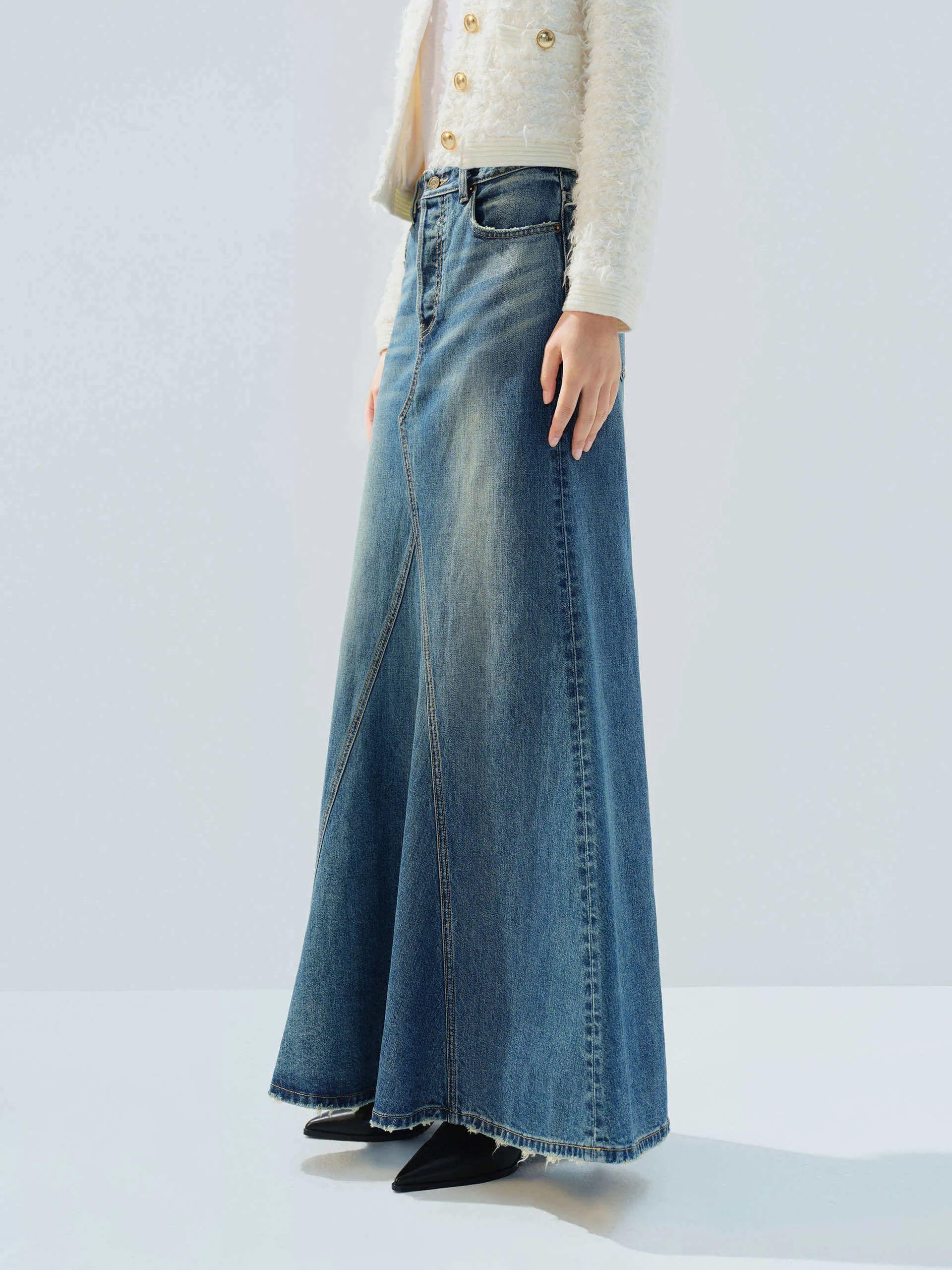 Paneled Denim Maxi Skirt