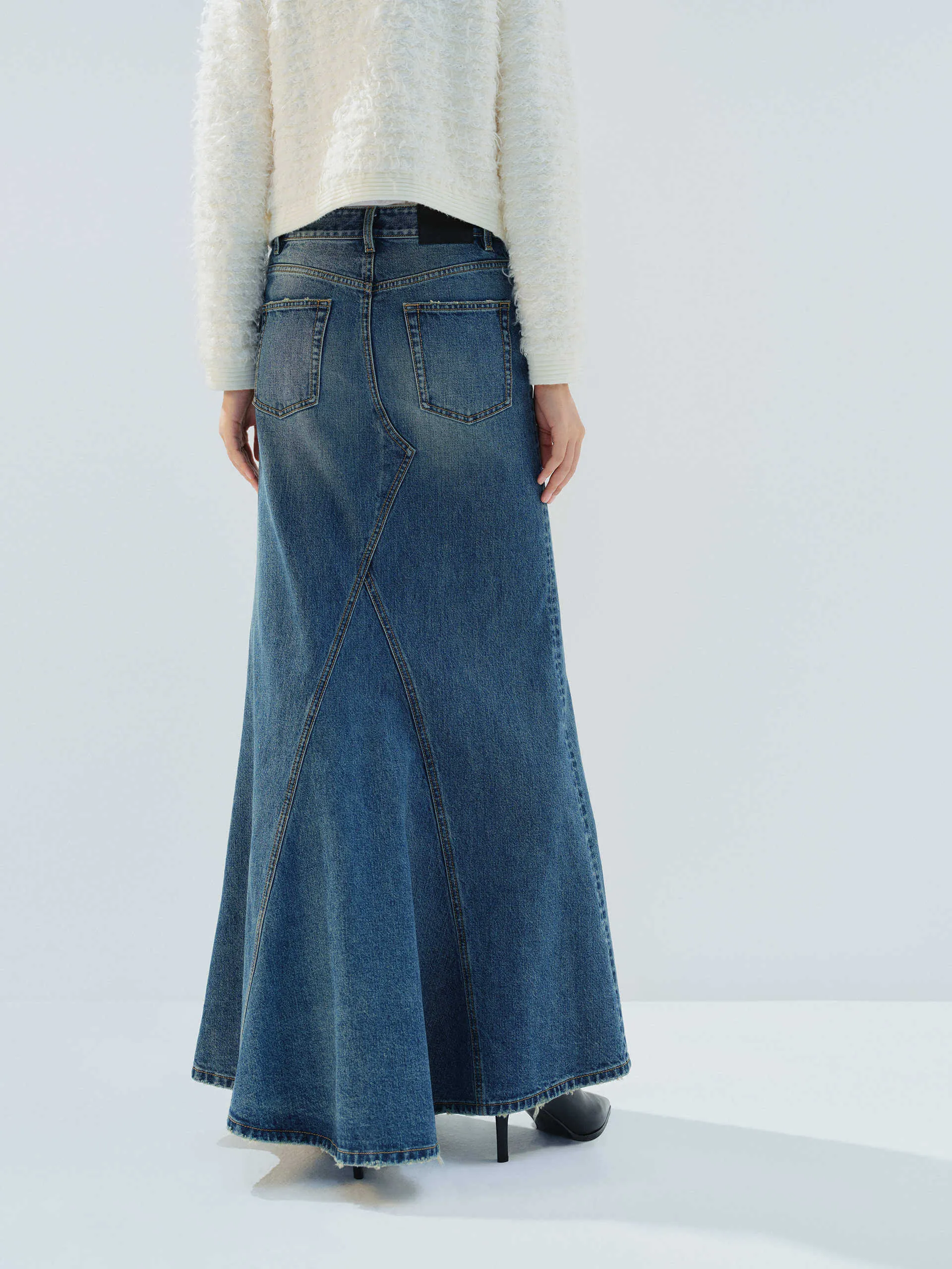 Paneled Denim Maxi Skirt
