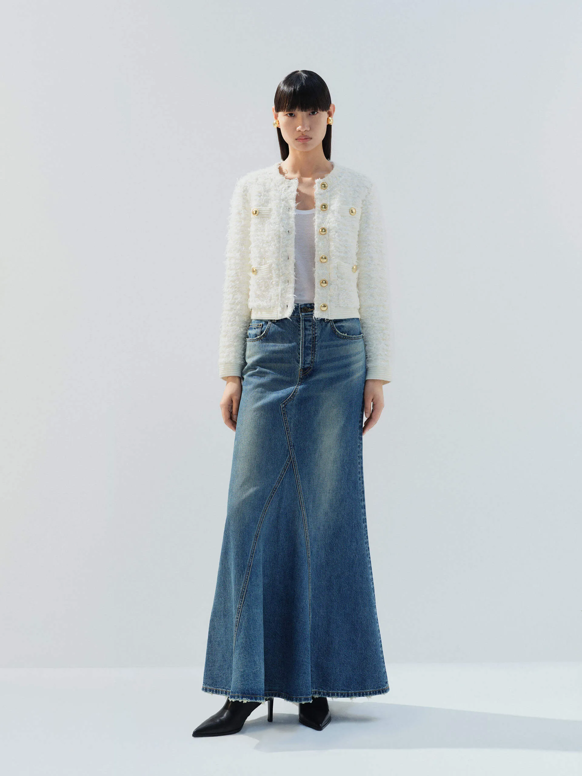 Paneled Denim Maxi Skirt