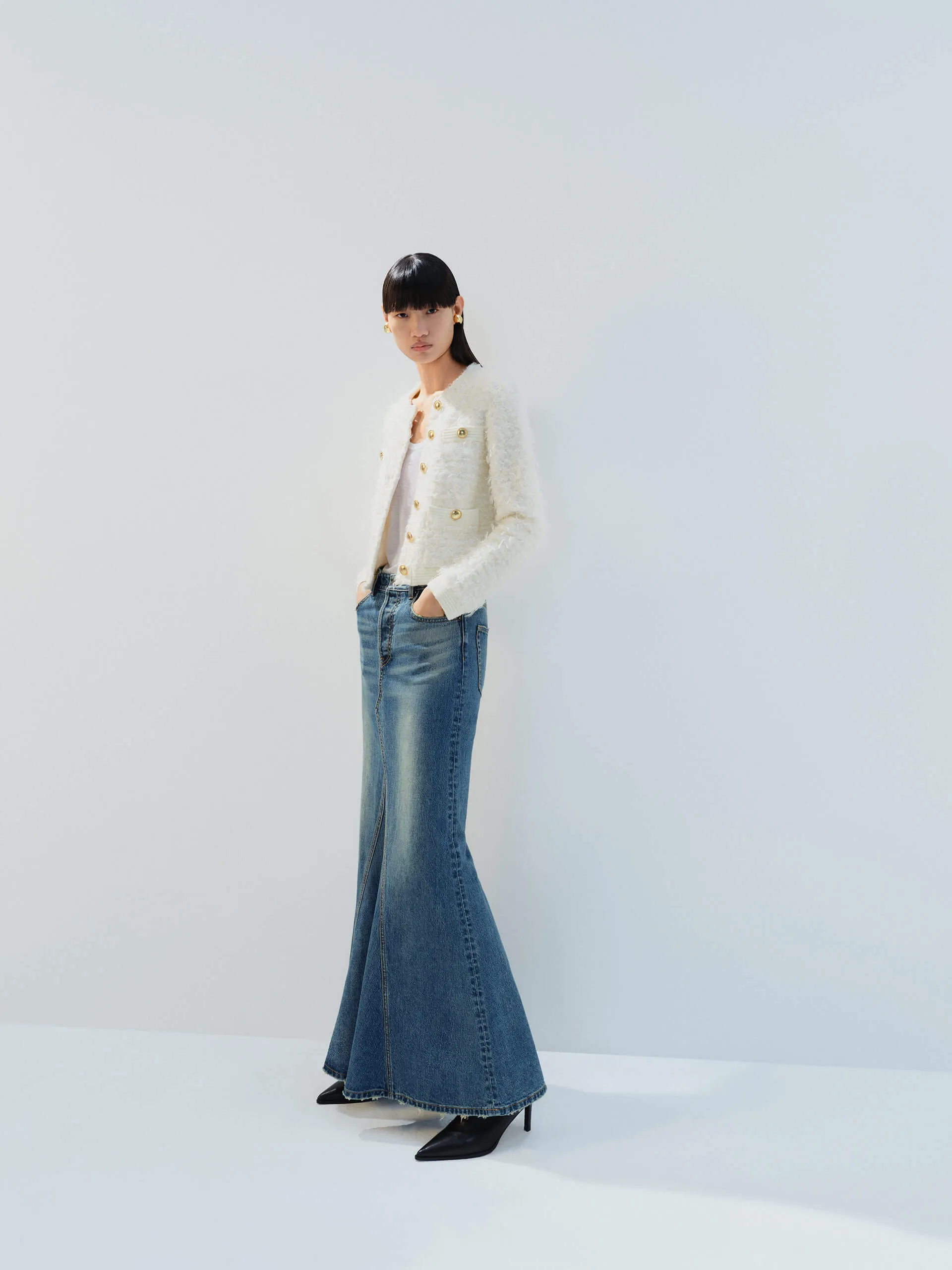 Paneled Denim Maxi Skirt