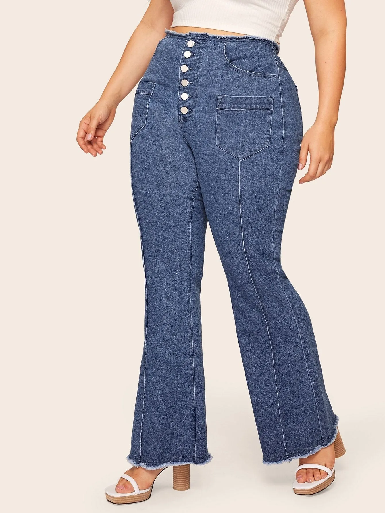Plus Button Front Raw Hem Jeans