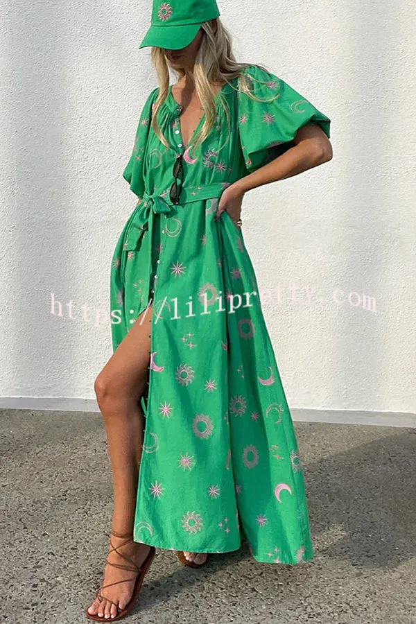 Relaxed Look Sun Moon and Stars Print Puff Sleeve Button Pocketed Loose Maxi Dress