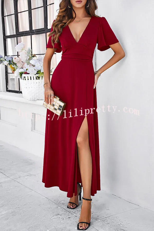 Rustic Slit V Neck Patchwork Pleated Maxi Dress
