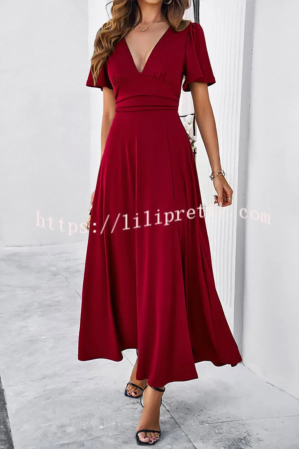Rustic Slit V Neck Patchwork Pleated Maxi Dress