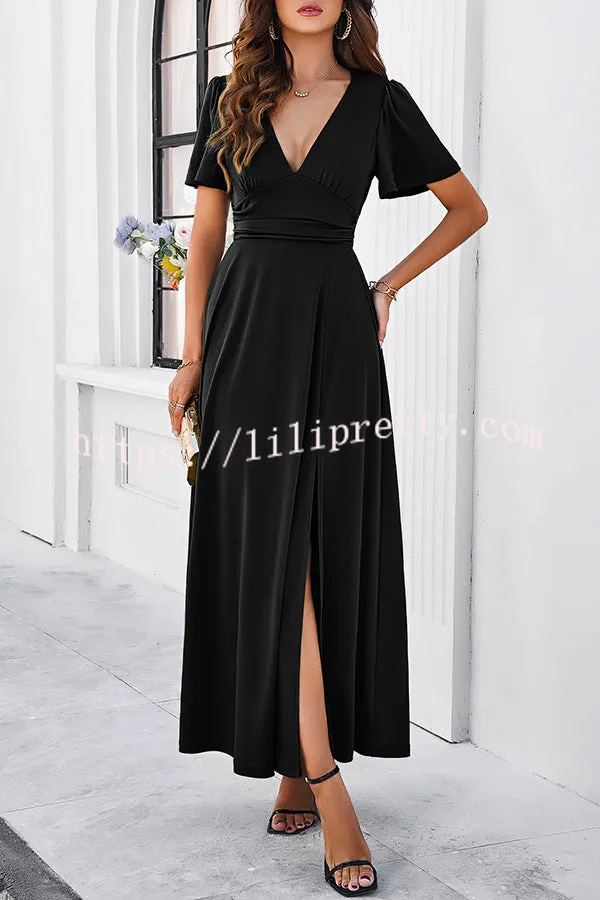 Rustic Slit V Neck Patchwork Pleated Maxi Dress
