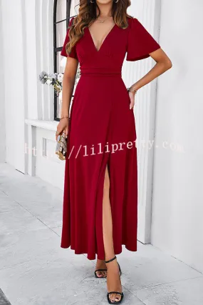 Rustic Slit V Neck Patchwork Pleated Maxi Dress